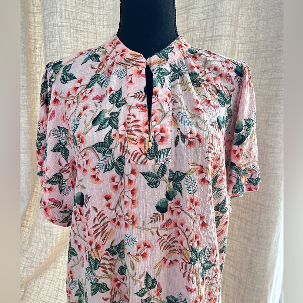 LOFT Floral Blouse with Coral and Green Leaves